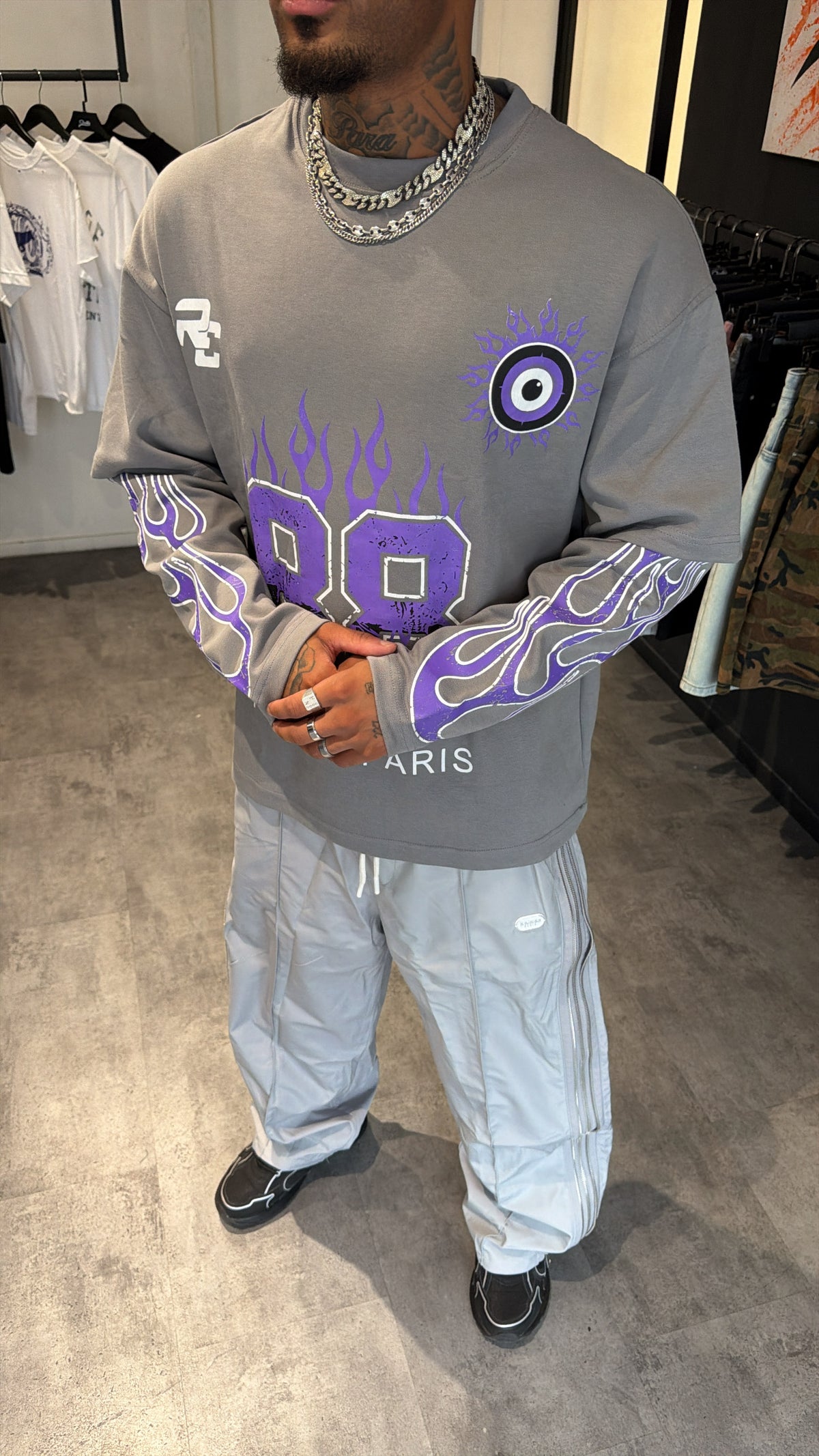 T-shirt Double Manches “88 Flames” – Gris