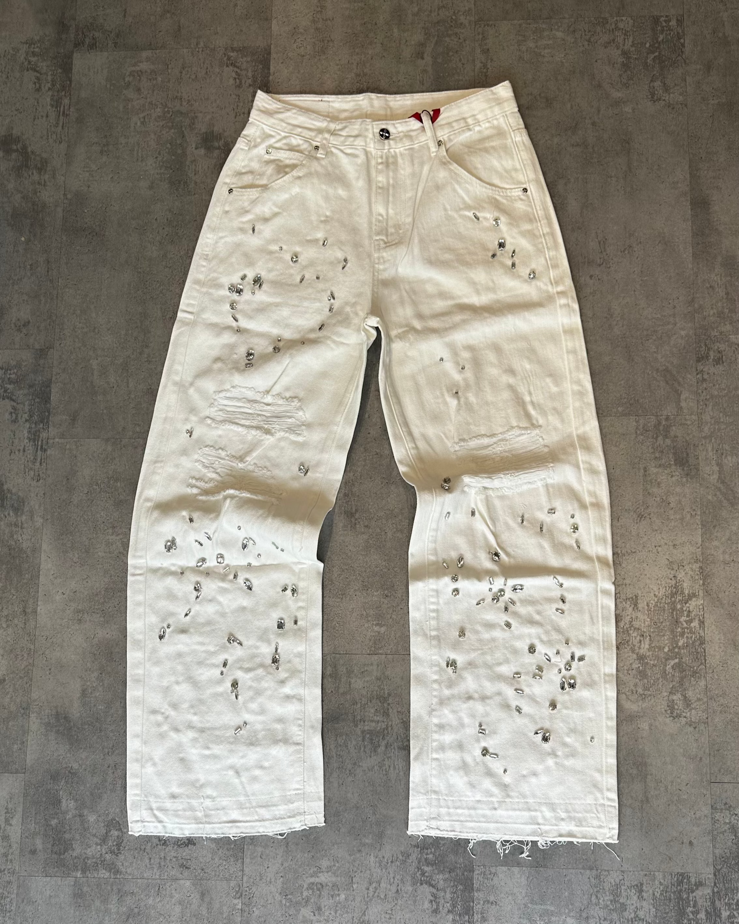 Jean Blanc Wide Leg Détail Perles et Effet Destroy