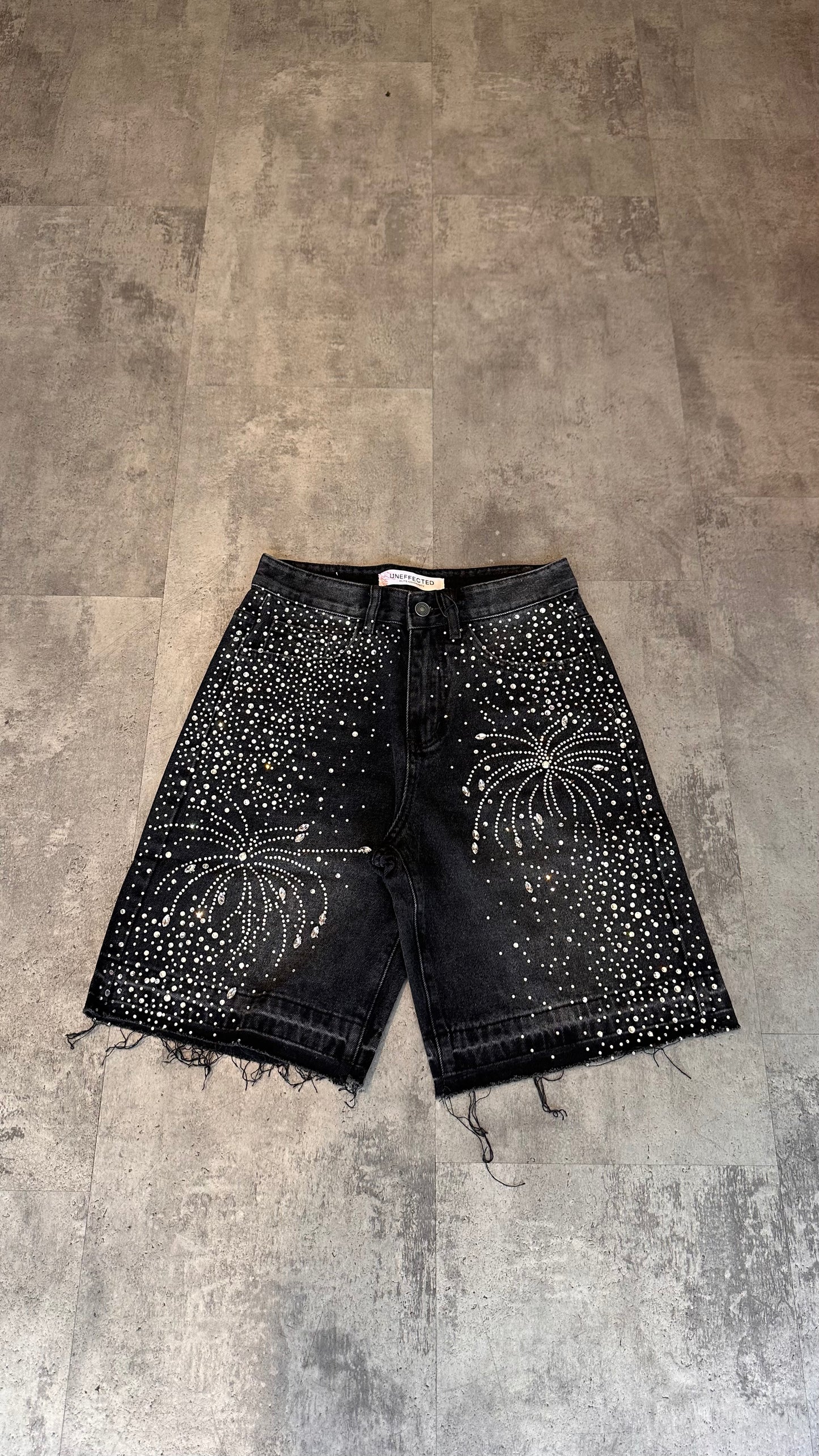 Short en jeans à strass étoilés- Noir et Jean clair