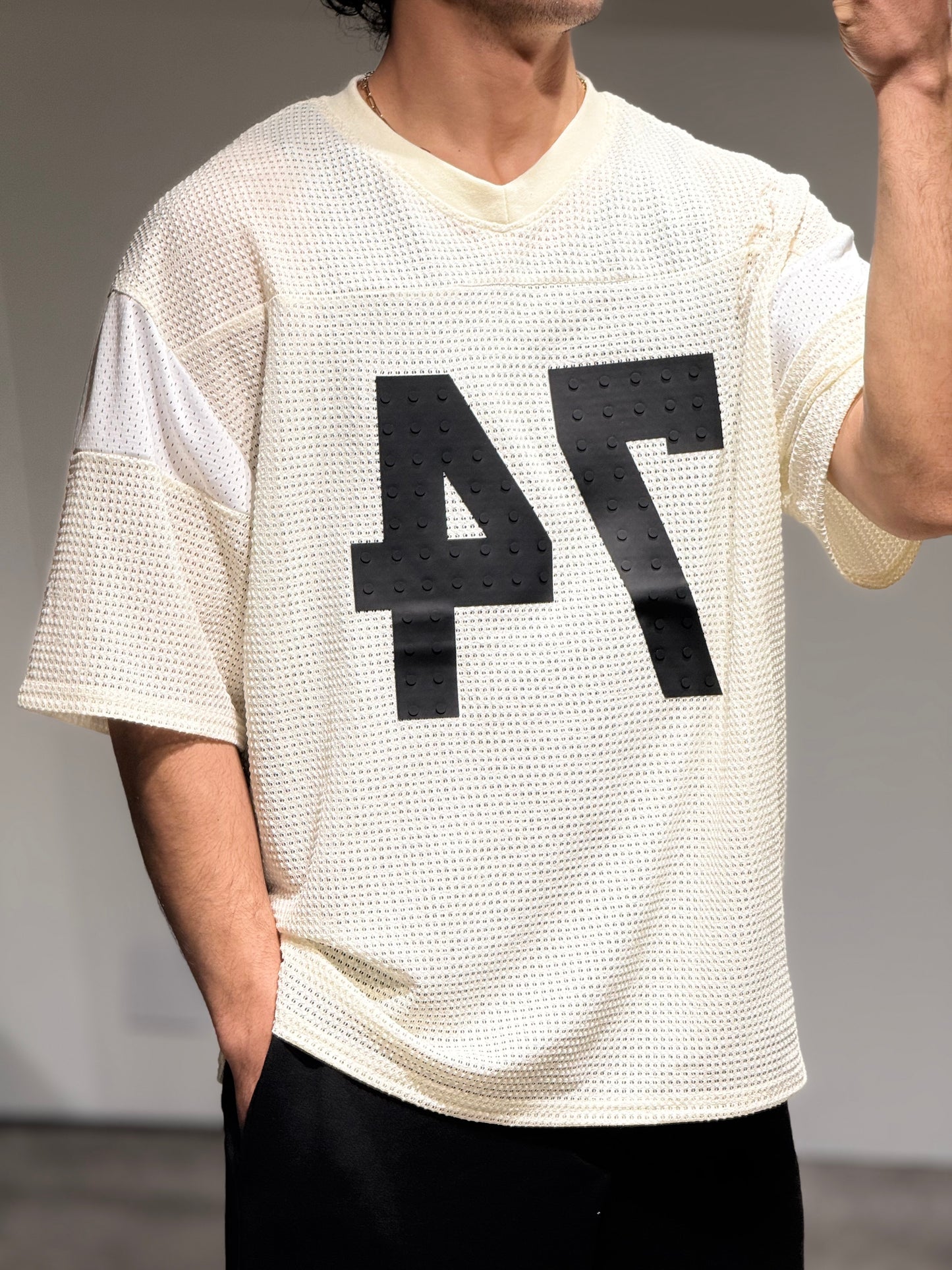 Mesh Tee Oversize Varsity "74" — Cream