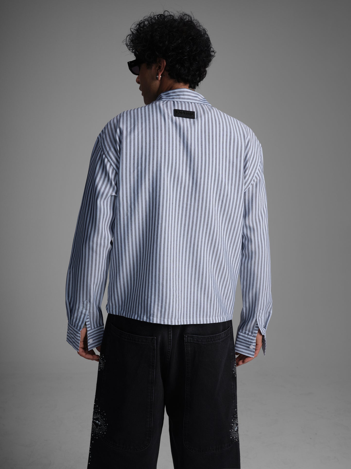 Chemise rayée brodée "Riches Paris" - gris et blanc