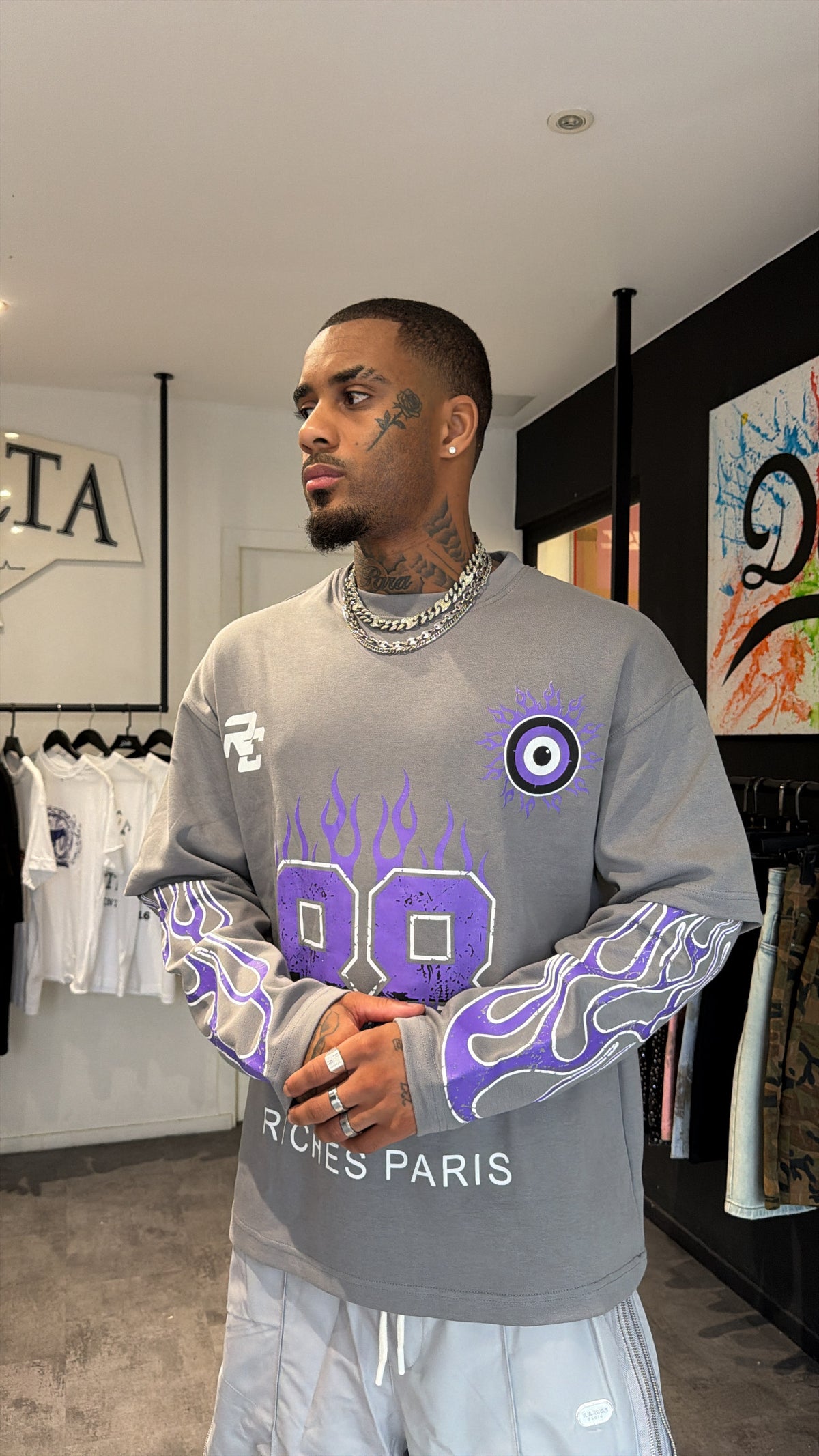 T-shirt Double Manches “88 Flames” – Gris