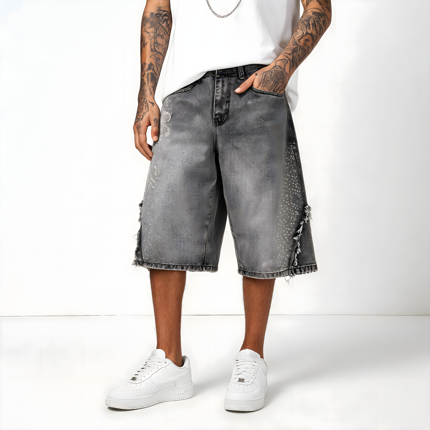 Shorts Baggy Délavé Strass — Washed Grey