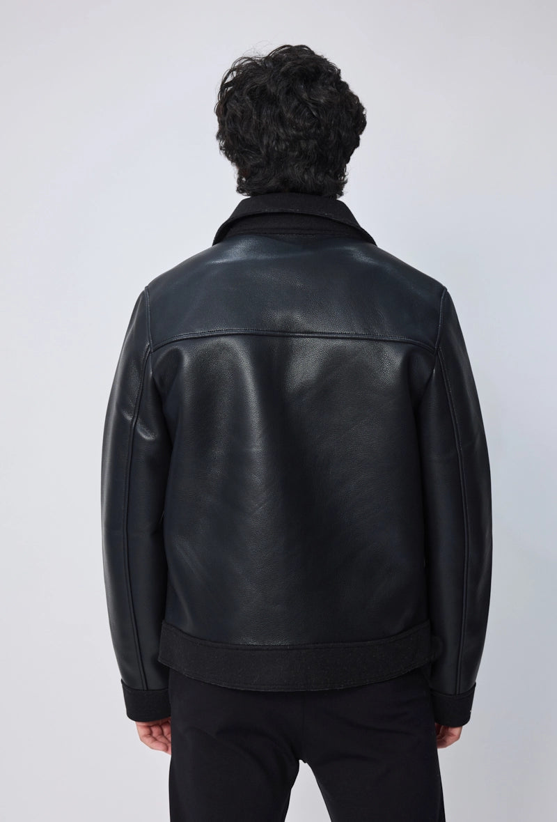 Veste zippée en similicuir Noir & Beige