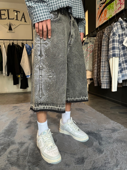 Short en denim gris avec strass