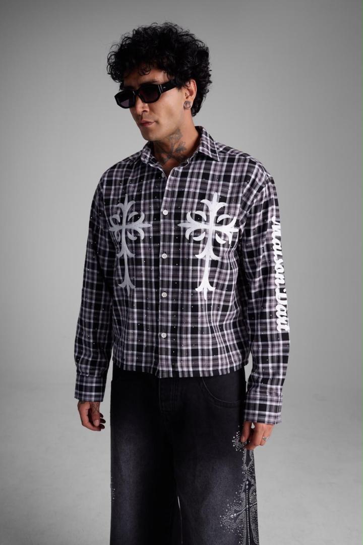 Chemise à Carreaux « Riches Paris Cross » – Noir/Gris