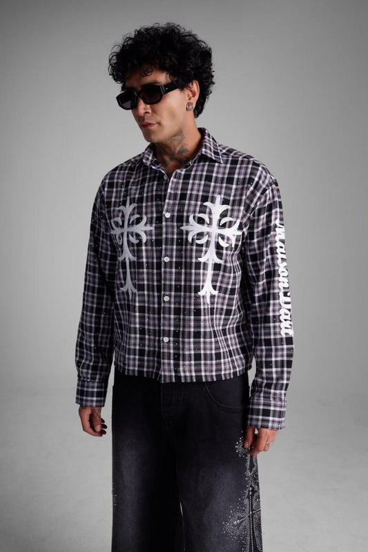 Chemise à Carreaux « Riches Paris Cross » – Noir/Gris