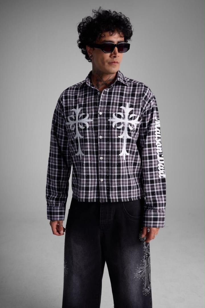 Chemise à Carreaux « Riches Paris Cross » – Noir/Gris