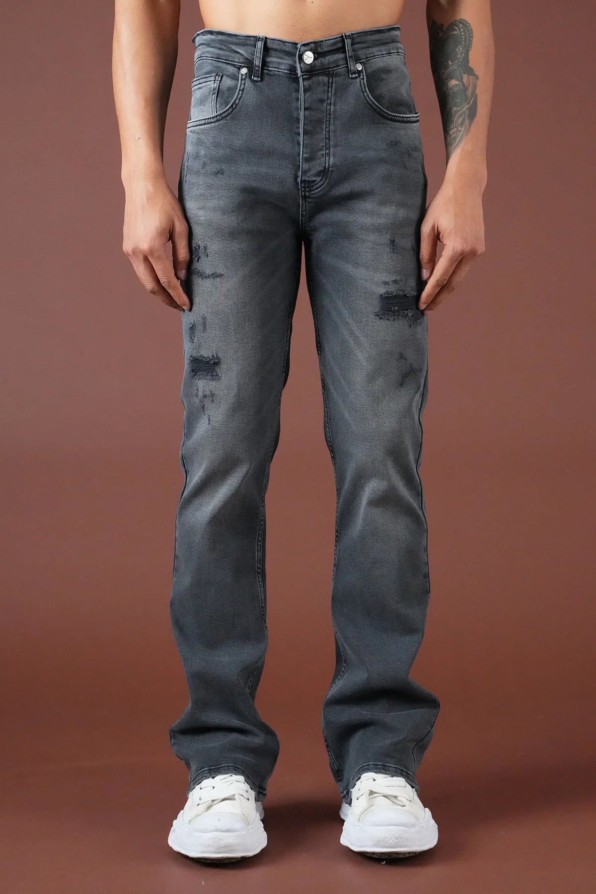 Jean Straight Distressed – Gris Délavé