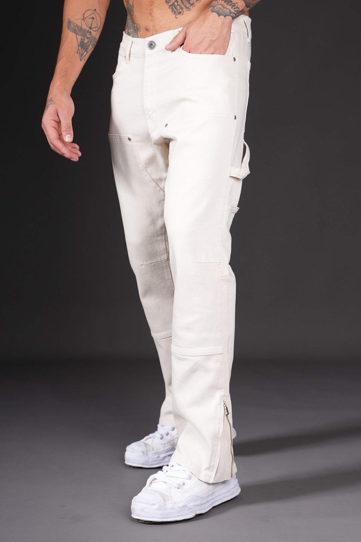 Jean Cargo Écru à Fermetures Éclair