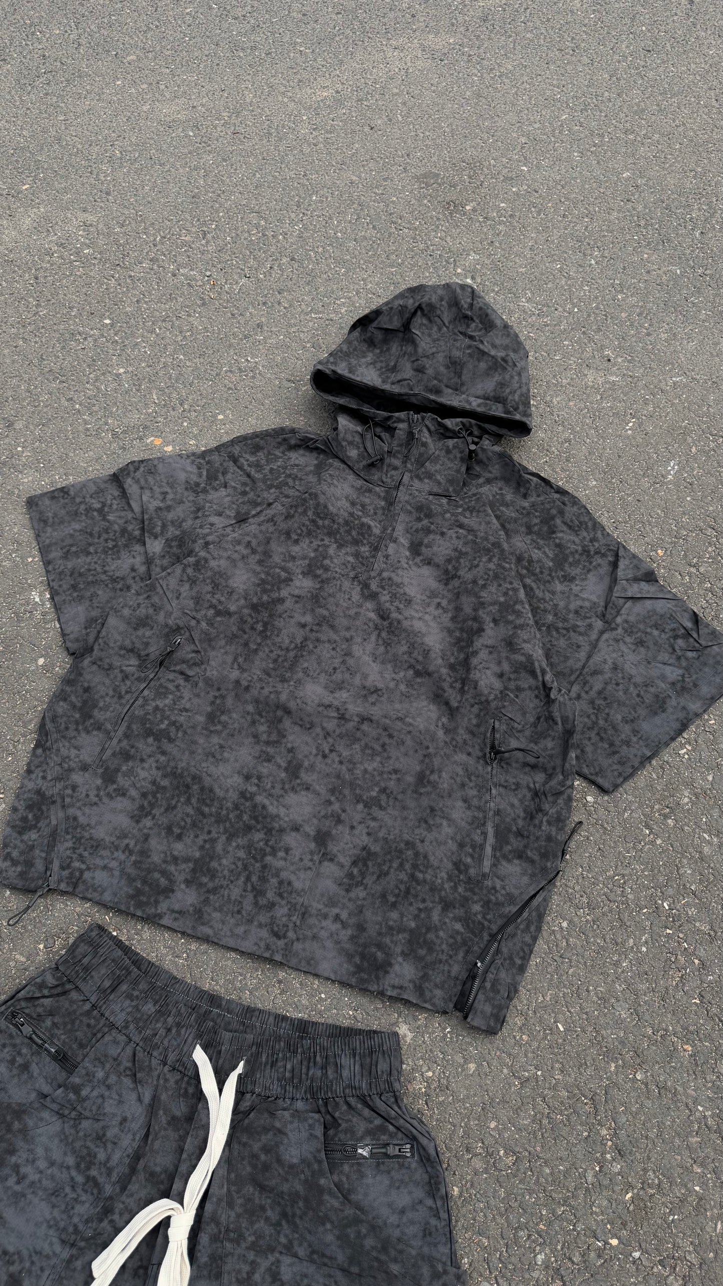 Ensemble Hoodie Manches Courtes & Short — Délavé Gris Anthracite