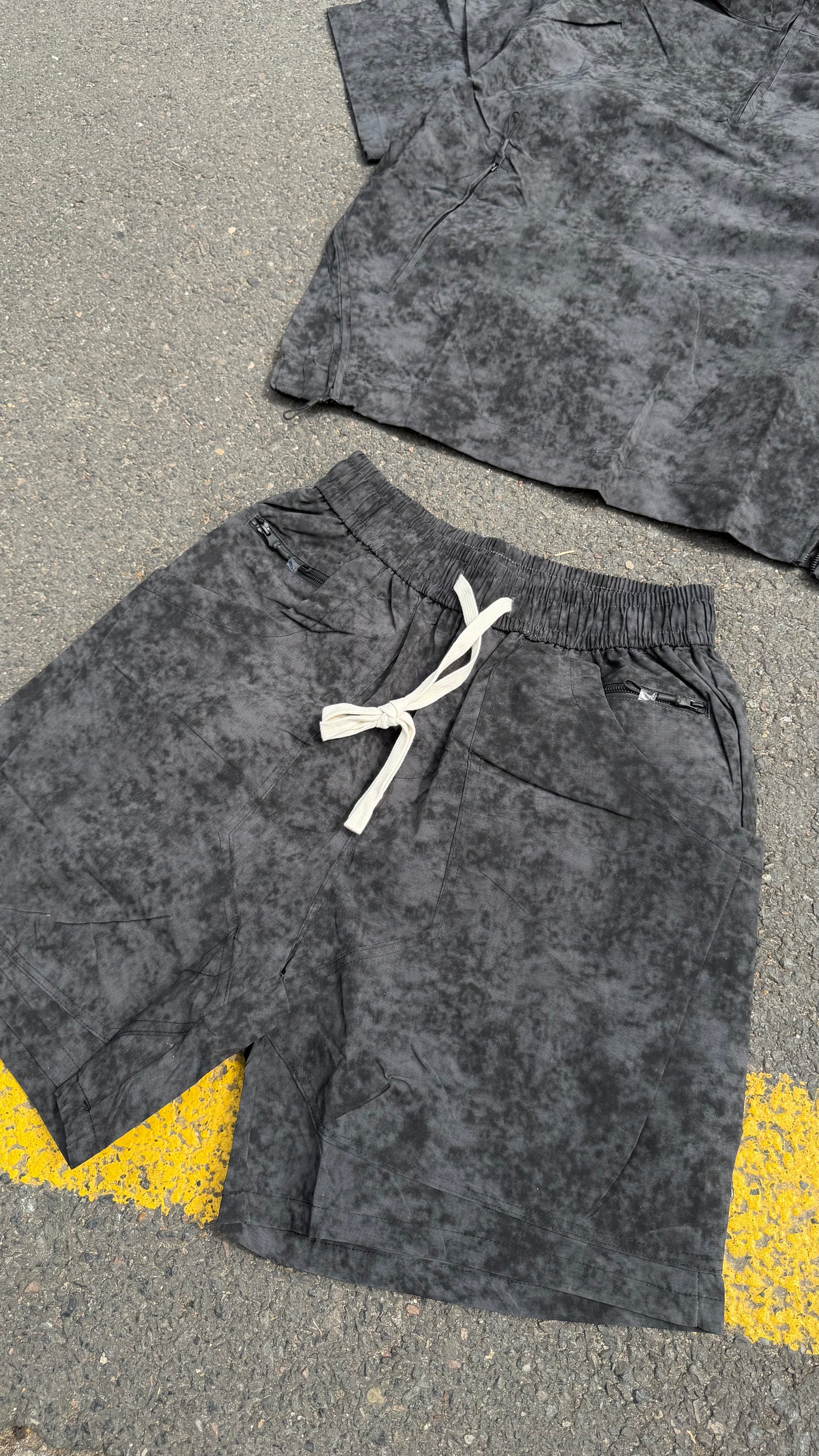Ensemble Hoodie Manches Courtes & Short — Délavé Gris Anthracite