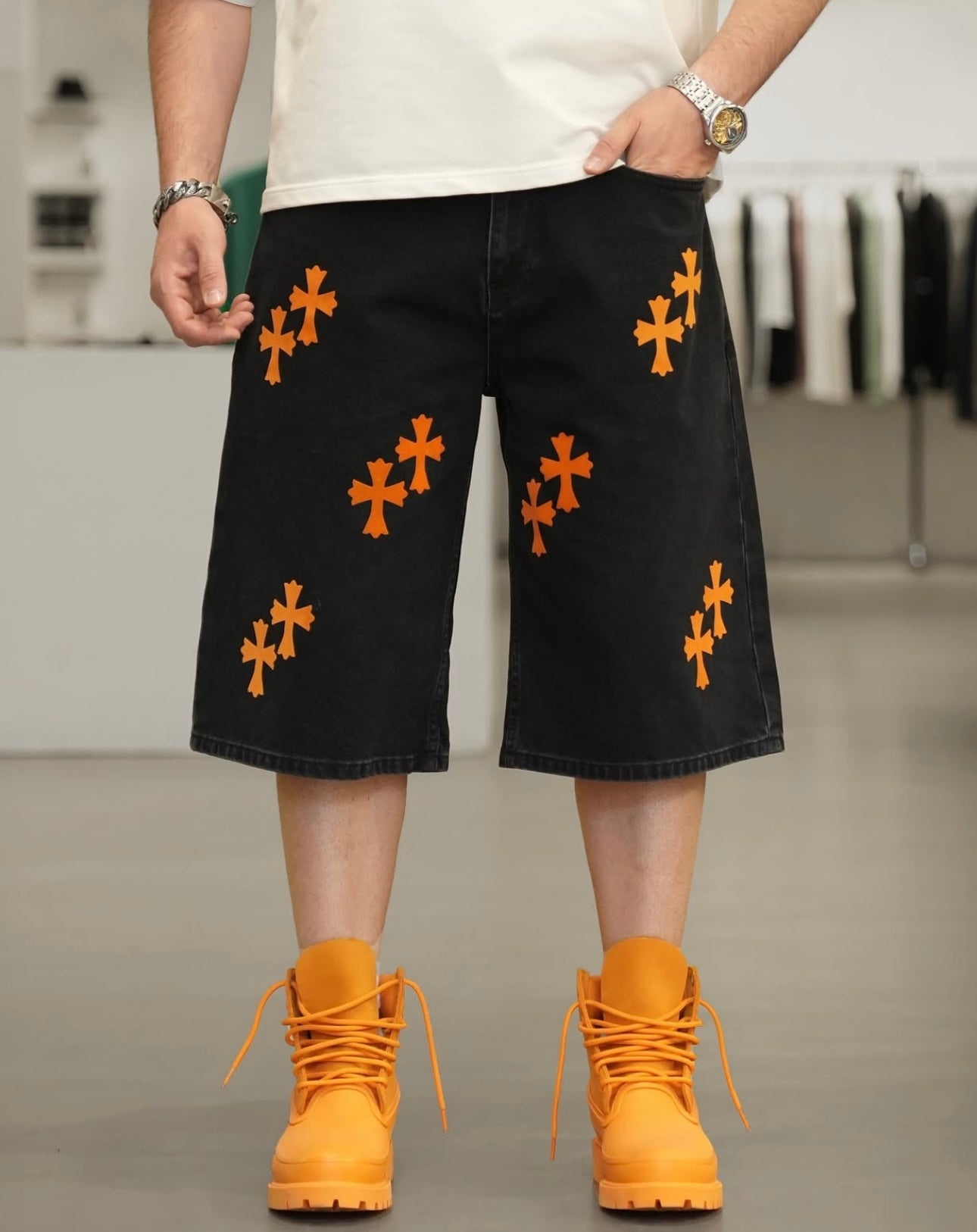 Short en jean noir oversize – Cross Orange Edition