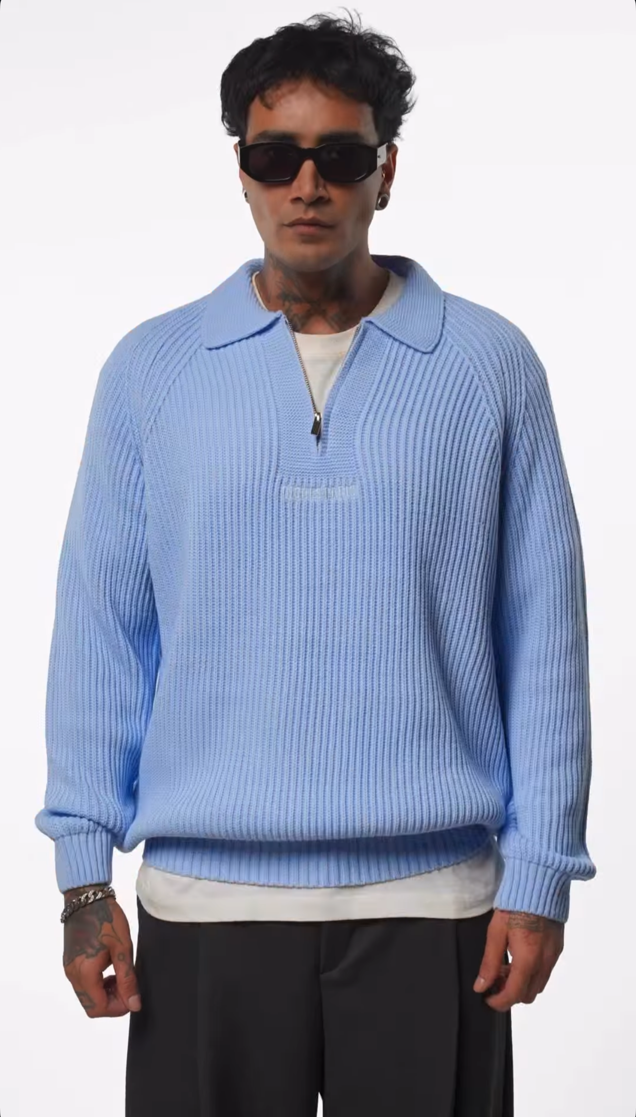 Pull Zippé Col Polo – Bleu/ Noir /Blanc