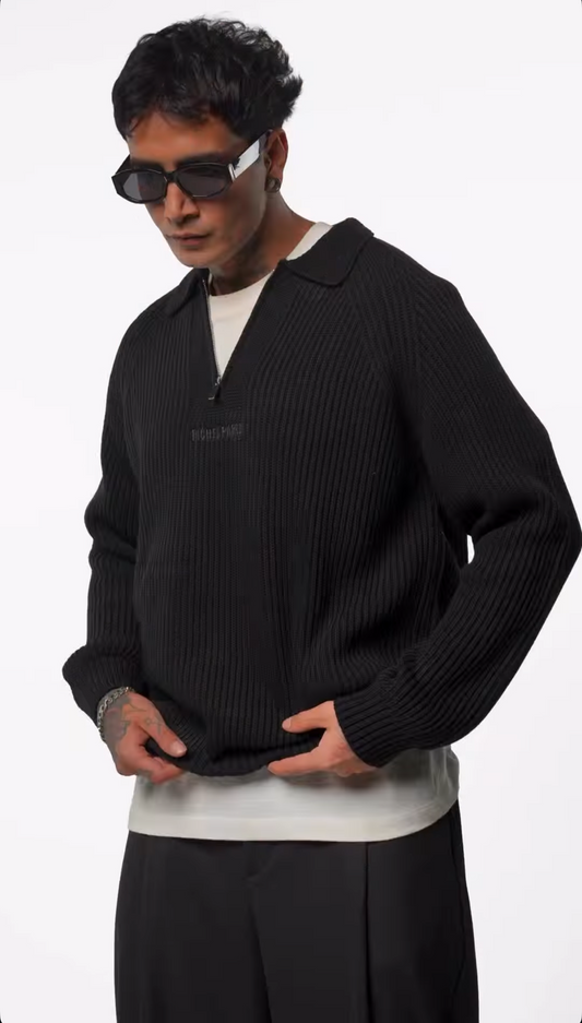 Pull Zippé Col Polo – Bleu/ Noir /Blanc