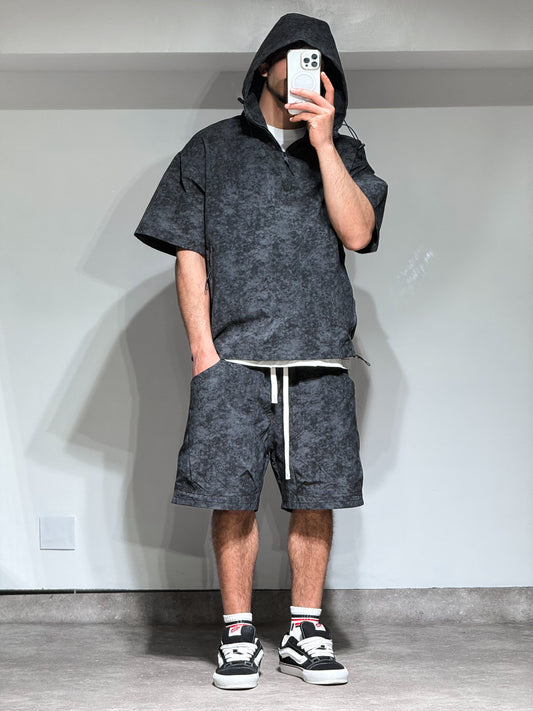 Ensemble Hoodie Manches Courtes & Short — Délavé Gris Anthracite