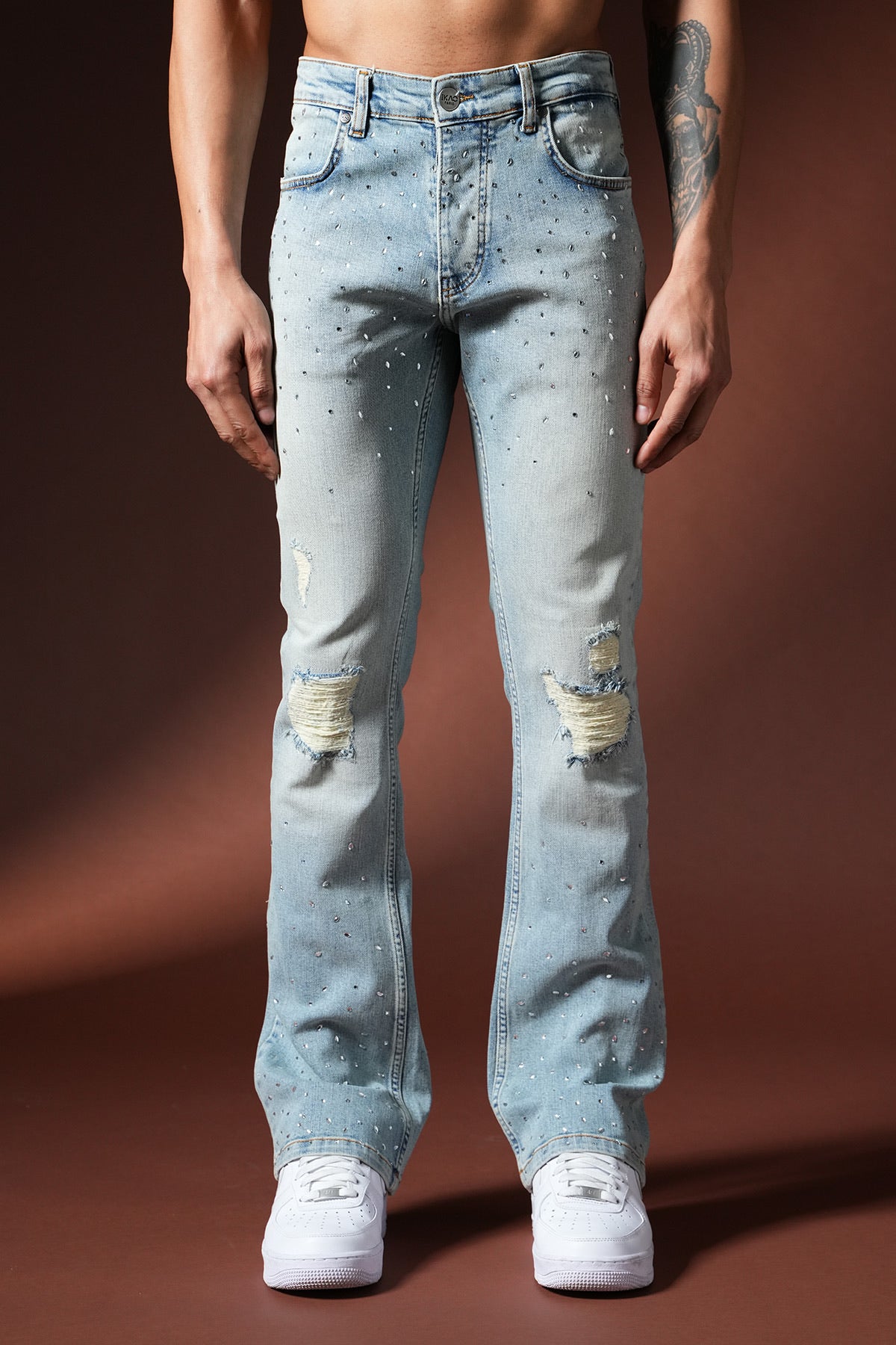 Jean flare bleu clair strass & destroy