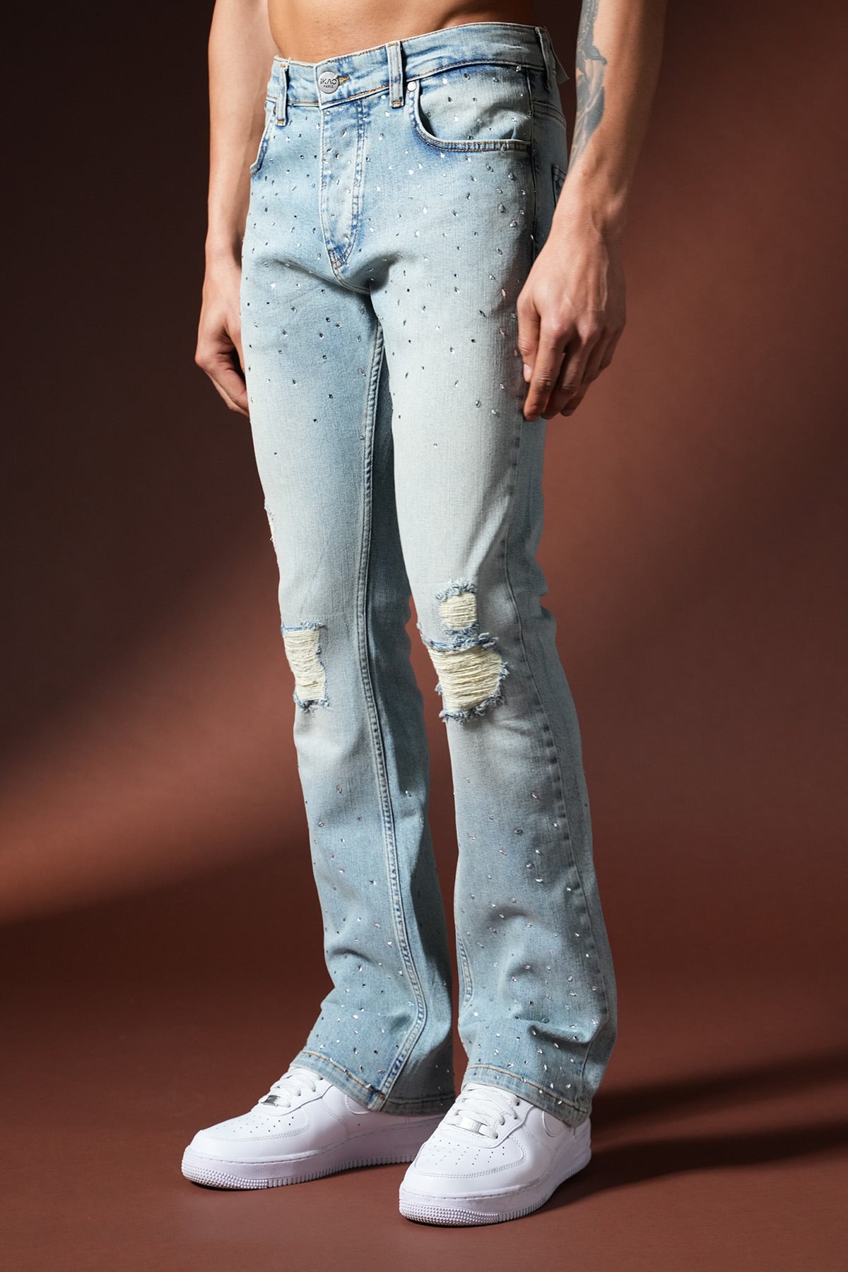 Jean flare bleu clair strass & destroy