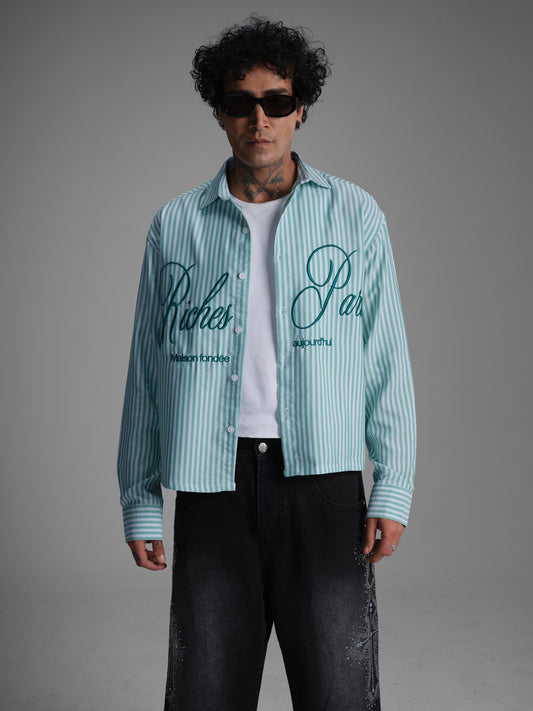Chemise rayée brodée "Riches Paris" - vert et blanc