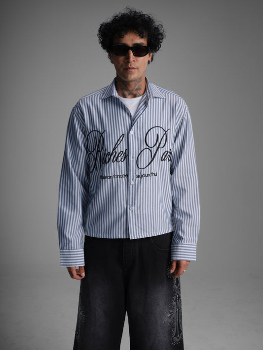 Chemise rayée brodée "Riches Paris" - gris et blanc