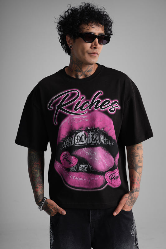 T-shirt oversize imprimé "Riches Paris" lèvres - noir