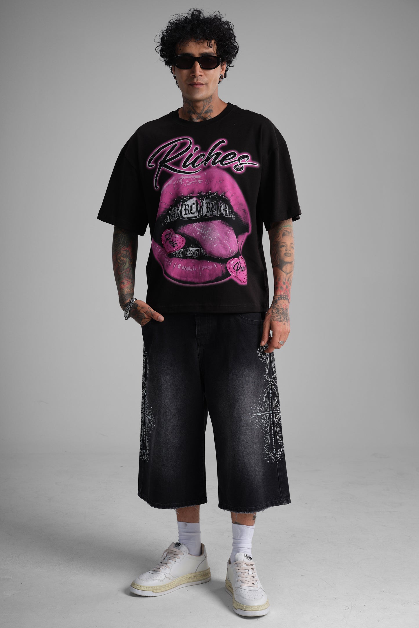 T-shirt oversize imprimé "Riches Paris" lèvres - noir