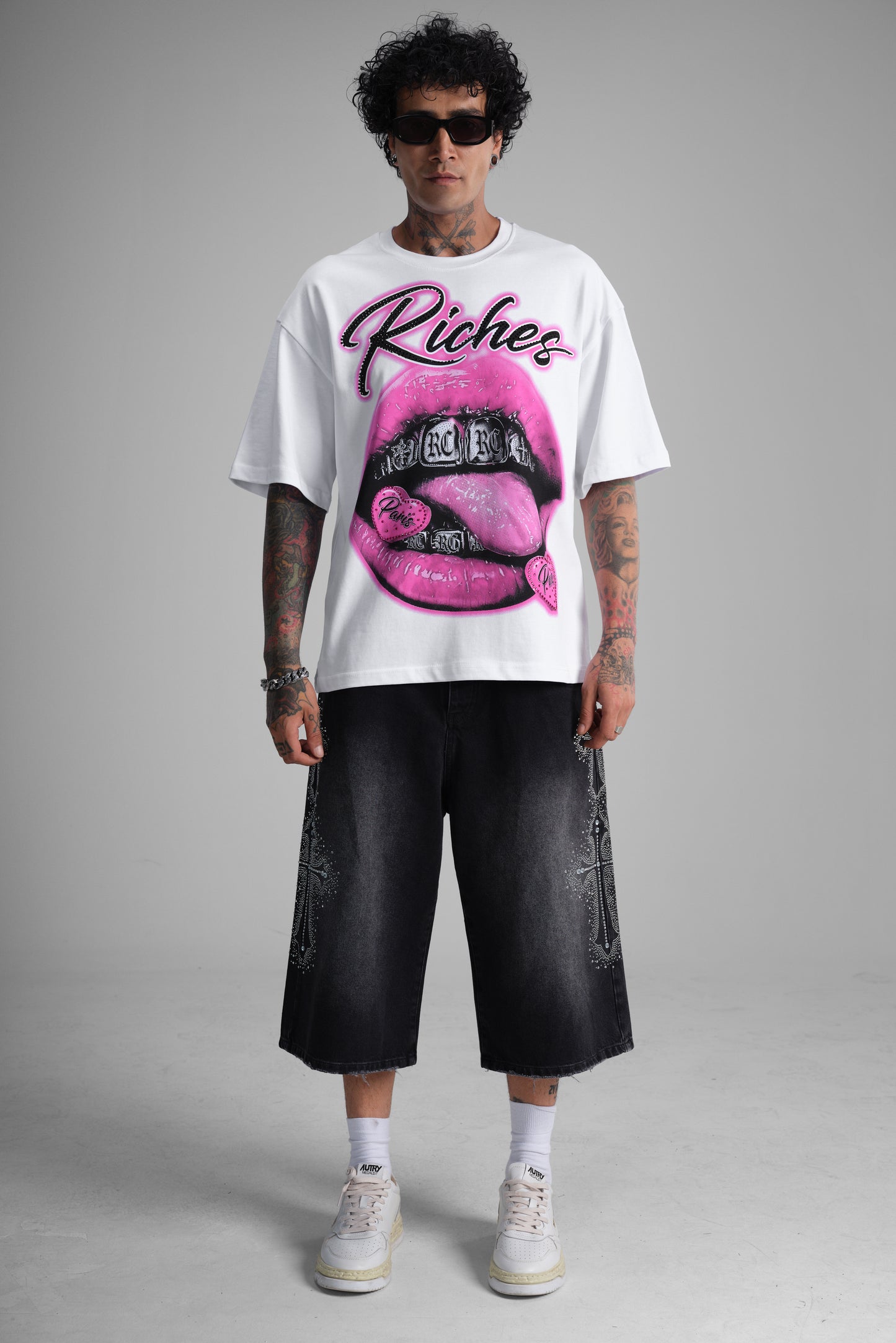 T-shirt oversize imprimé "Riches Paris" lèvres - blanc