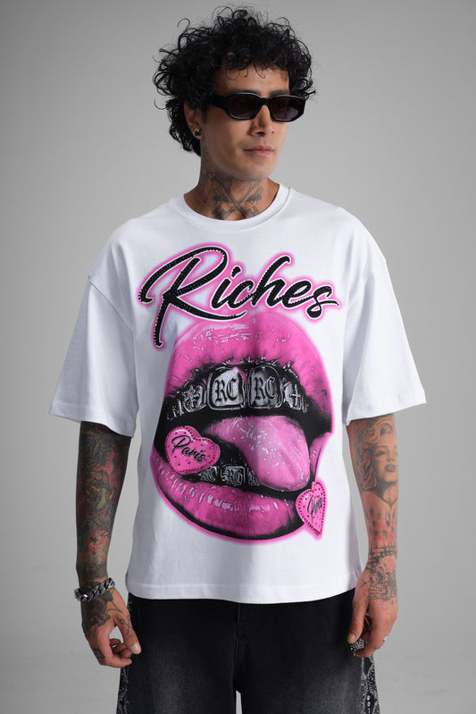 T-shirt oversize imprimé "Riches Paris" lèvres - blanc