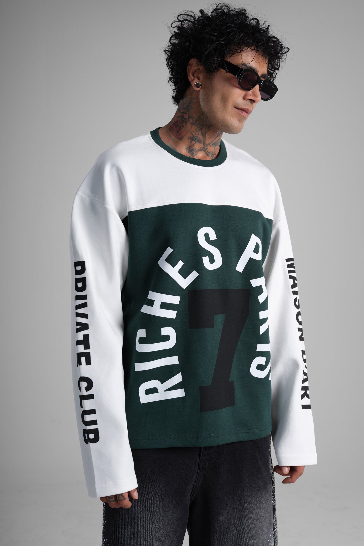 T-shirt manches longues bicolore "Riches Paris 7" - vert et blanc