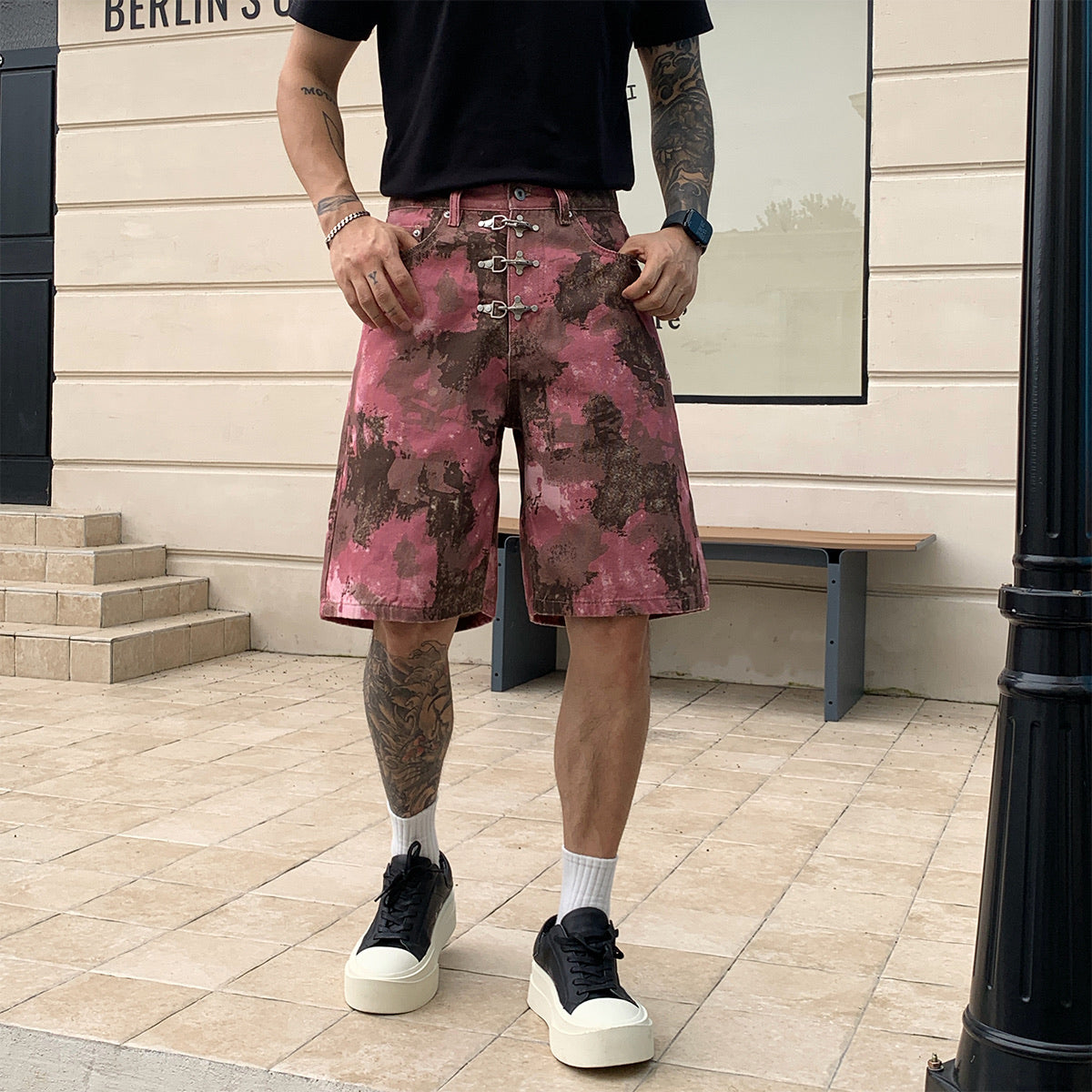 Short en jean boucles métalliques - camo rose