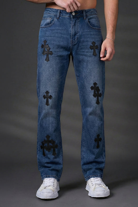 Jean droit patchs croix cuir - bleu délavé