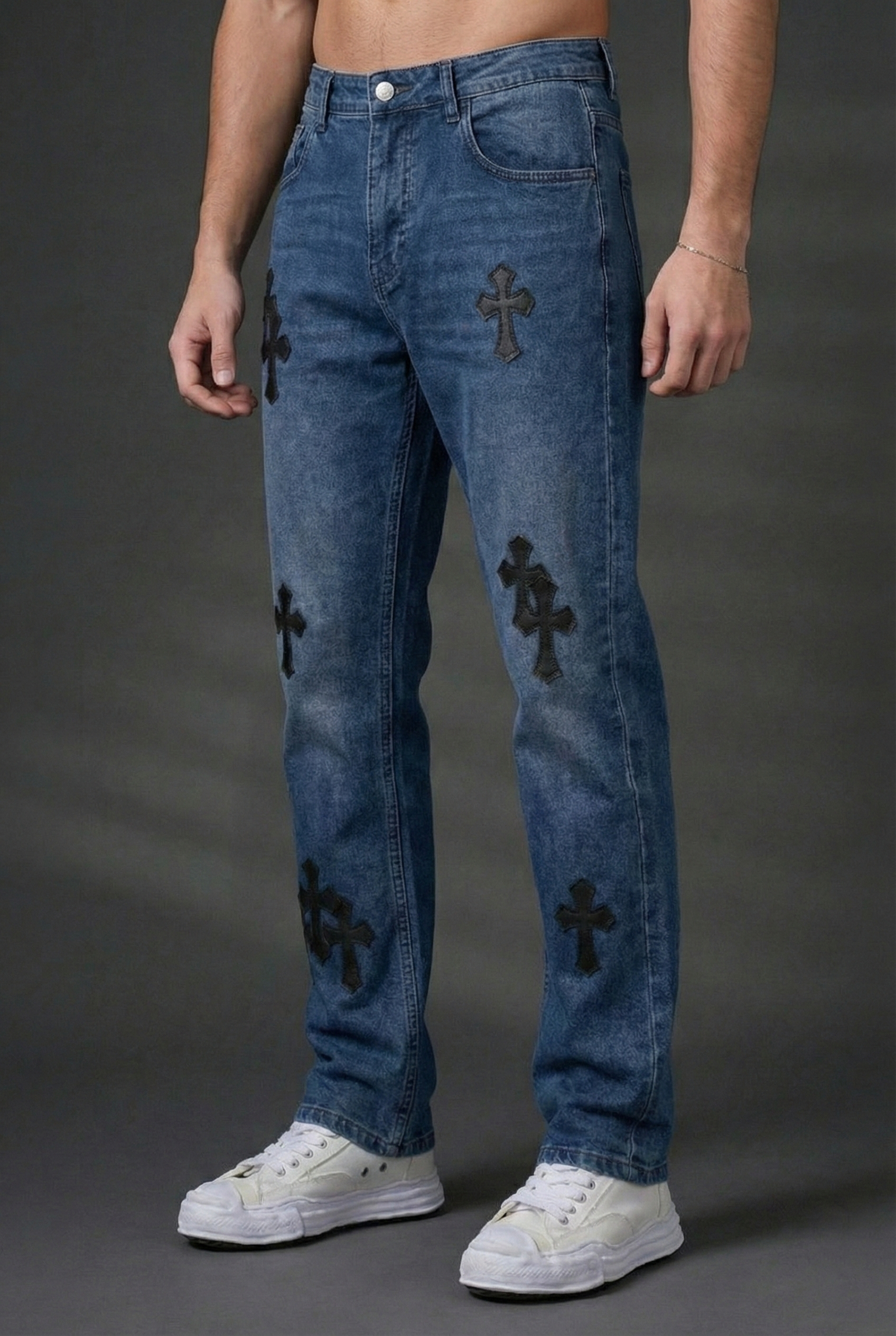Jean droit patchs croix cuir - bleu délavé