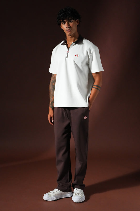 Ensemble Polo Zippé & Pantalon – Blanc / Marron