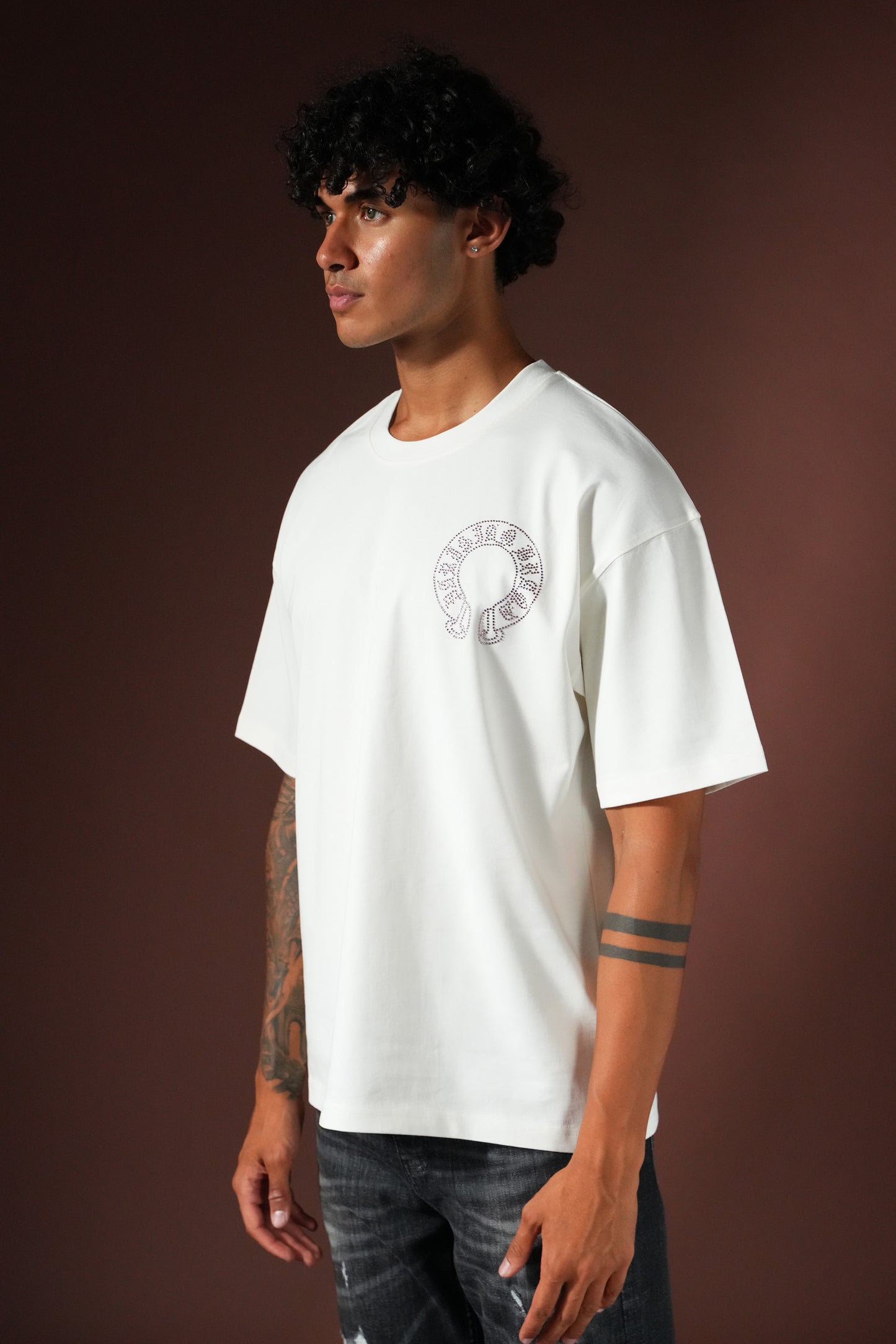 T-shirt Oversize Strass Rose – Blanc