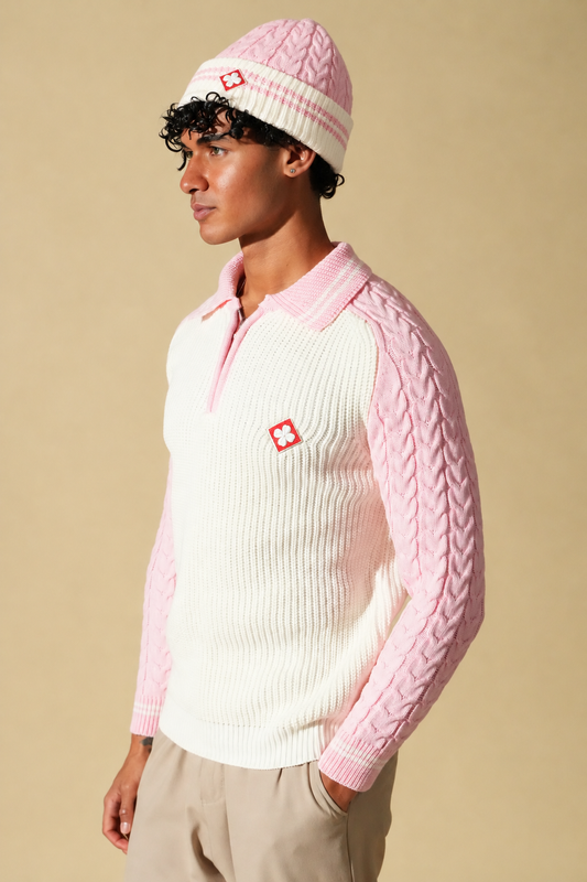 Set Pull Polo Zippé + Bonnet Torsadé – Blanc / Rose