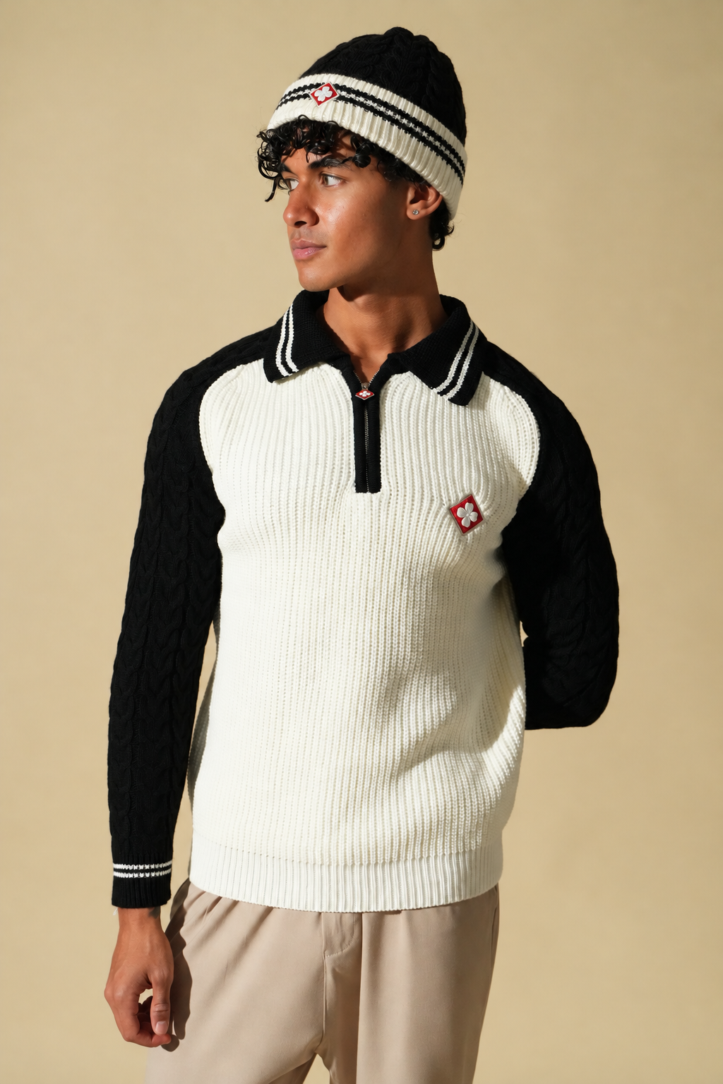 Set Pull Polo Zippé + Bonnet Torsadé – Blanc / Noir